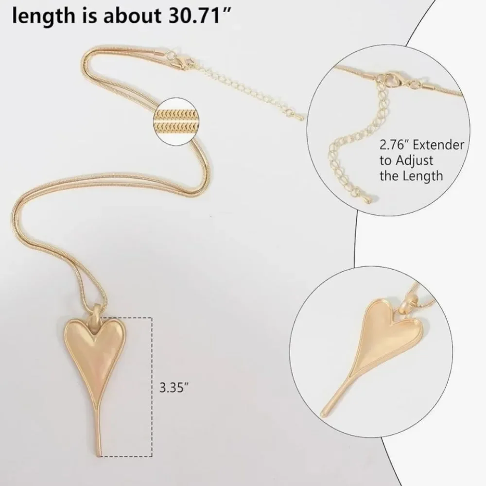 ☔️🔸️NIB Matte Gold Metal Heart Pendant Long Necklace